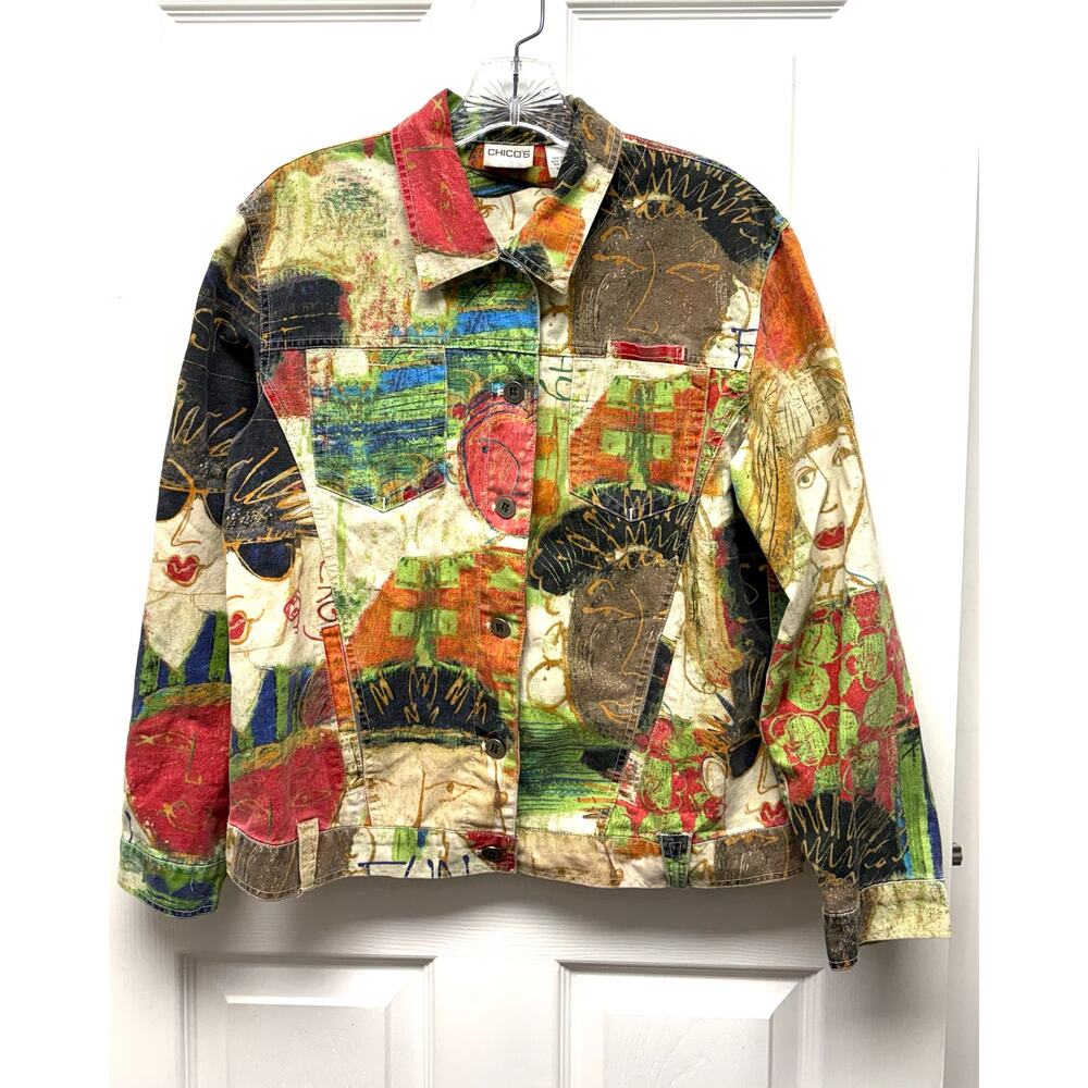 Chico’s Jacket Colorful Abstract Art Print Jean Women’s Size 4 6 Statement Denim